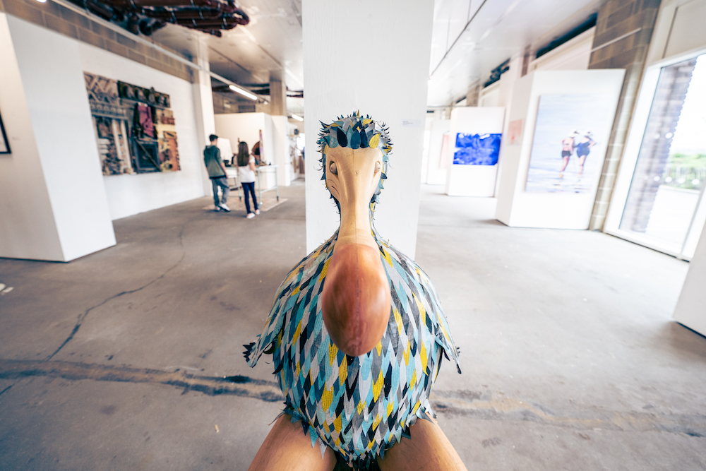 A bird sculpture in the Art in the Docks gallery