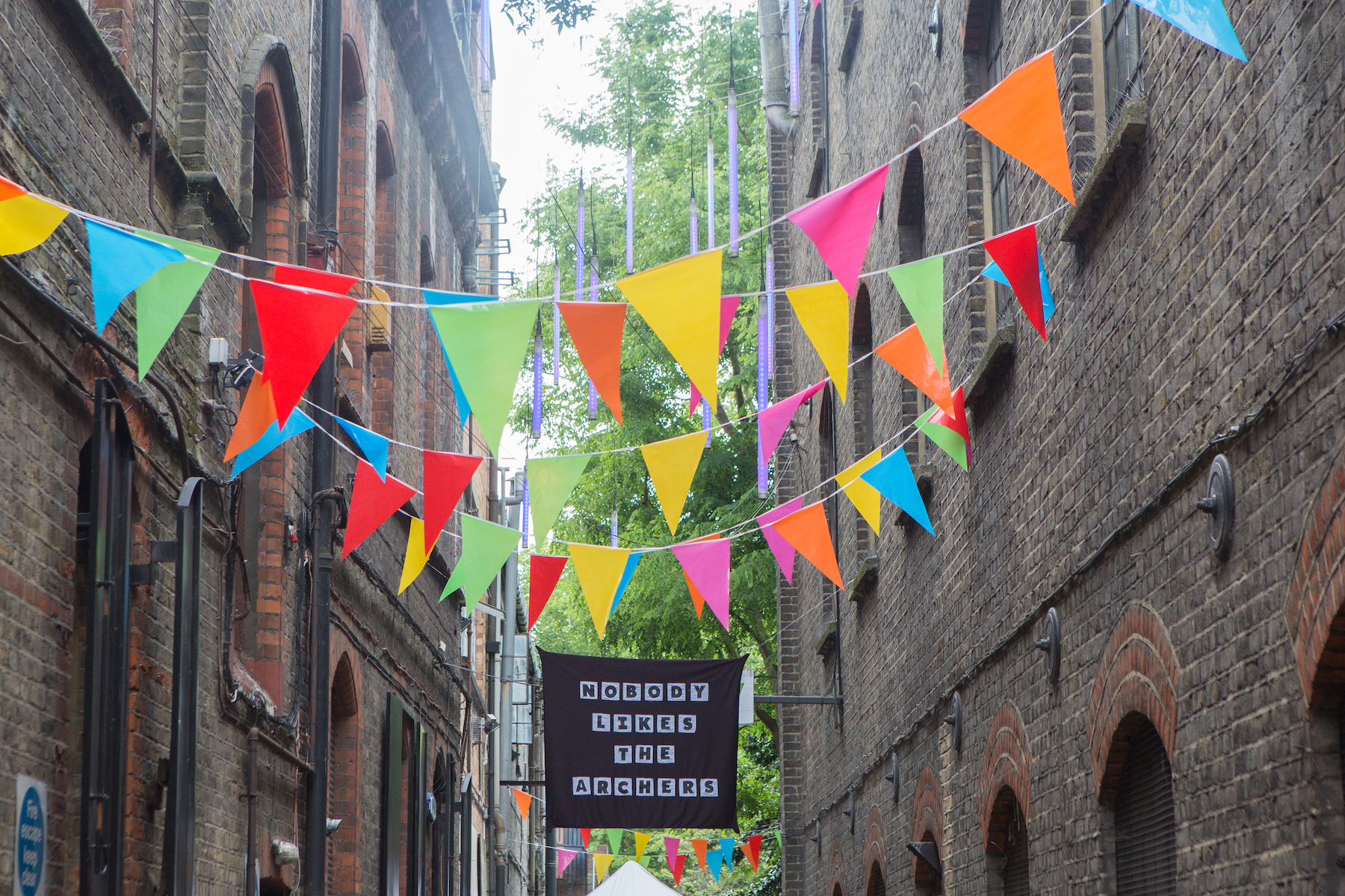 Outside the nunnery with bunting and installation
