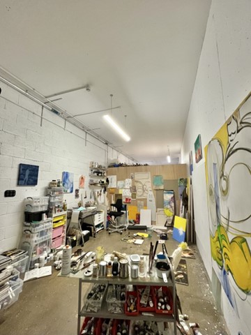 A busy studio with paint, canvases and various storage units