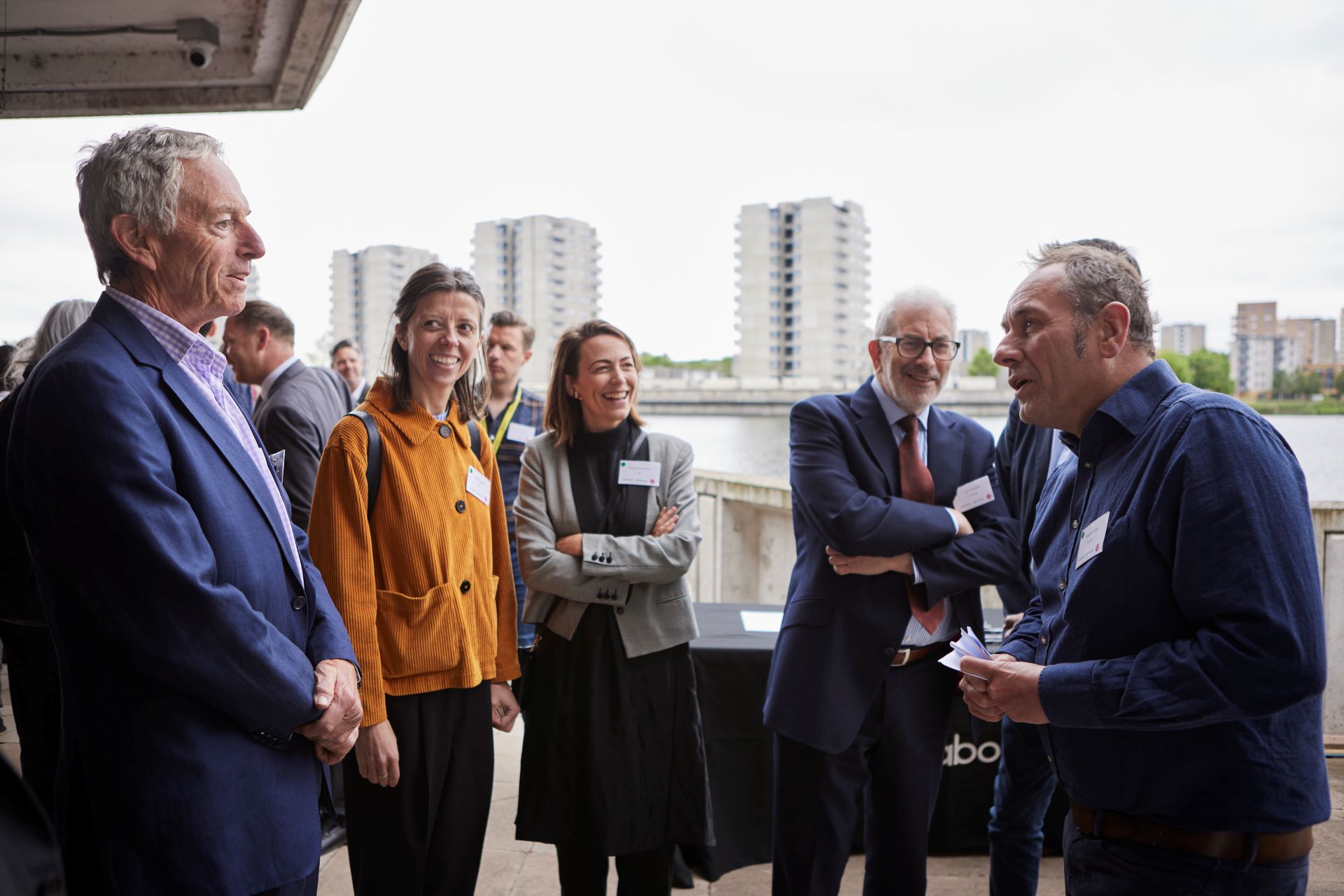 A group chat on the balcony of the Lakeside Centre