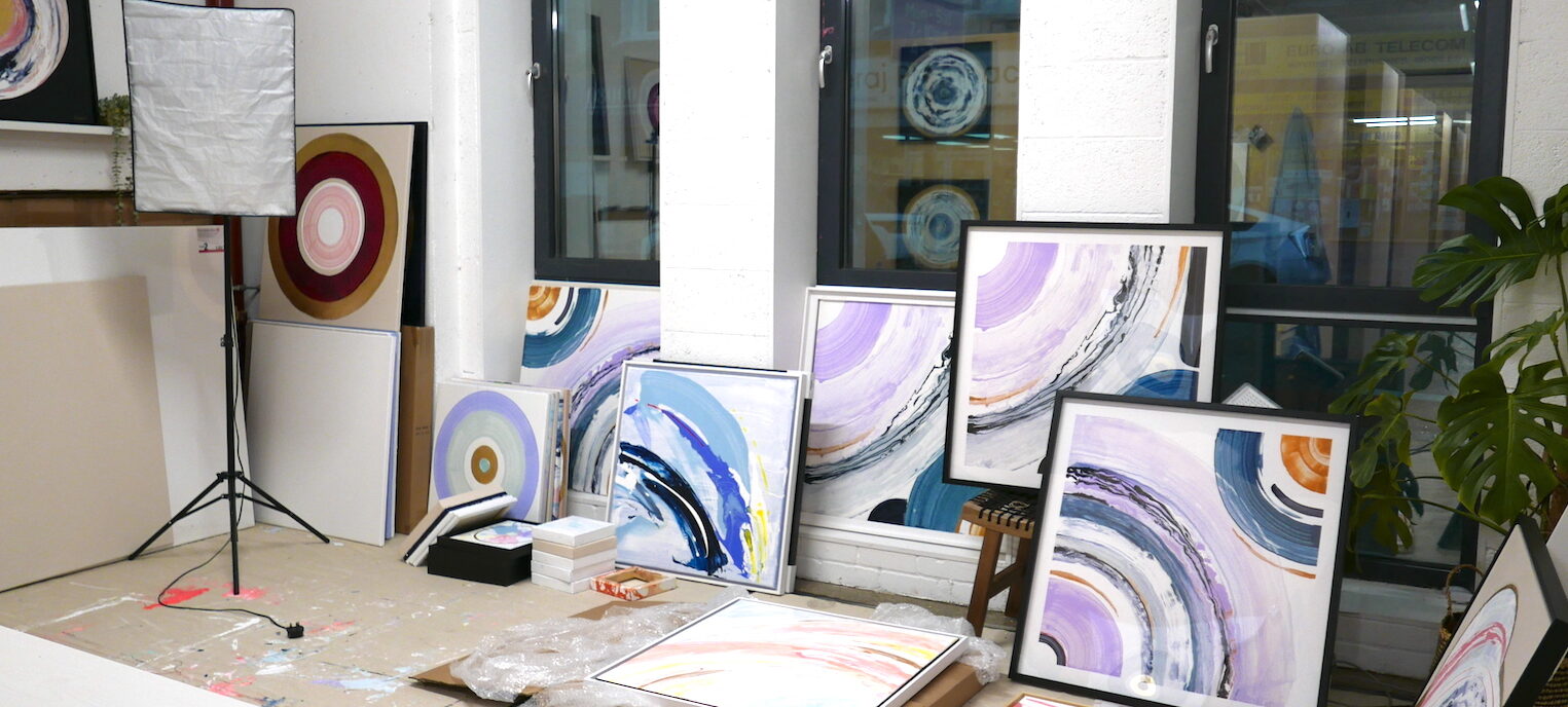 Leyton High Road studio with paintings by Kate Mayer