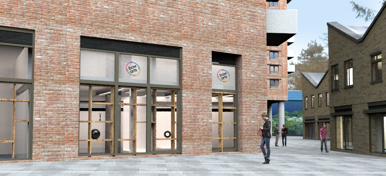 A digital rendering of the corner of a studio site