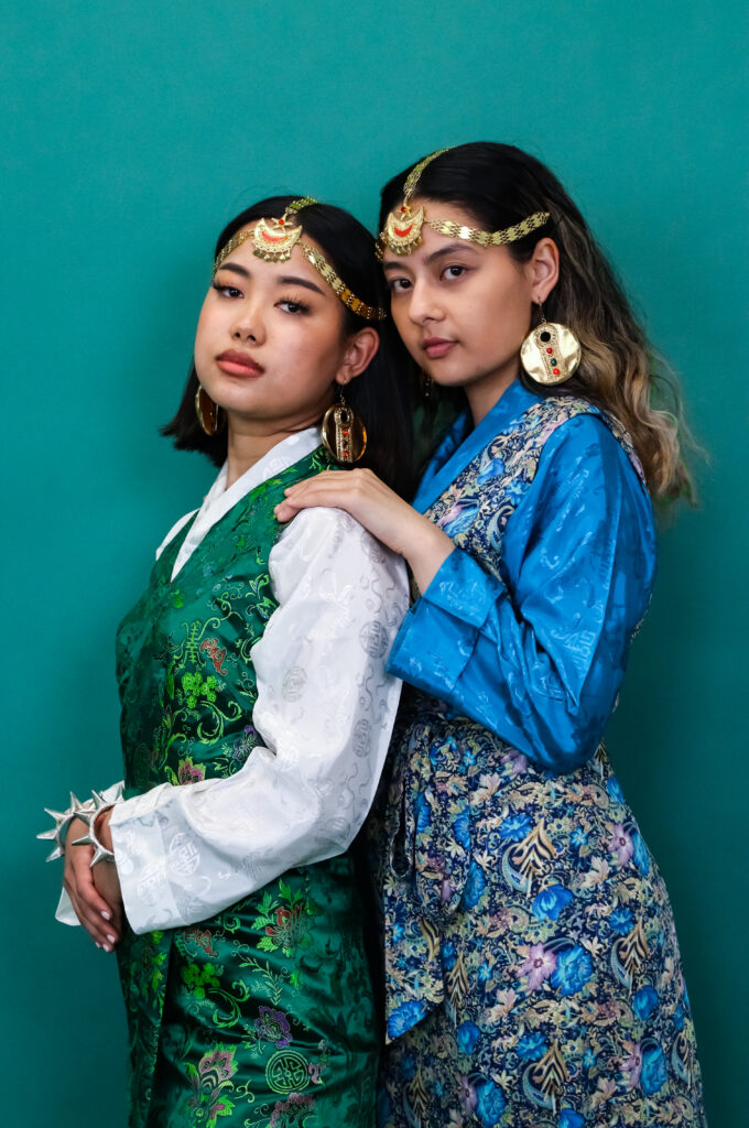 Two young women in traditional Nepalese clothes.