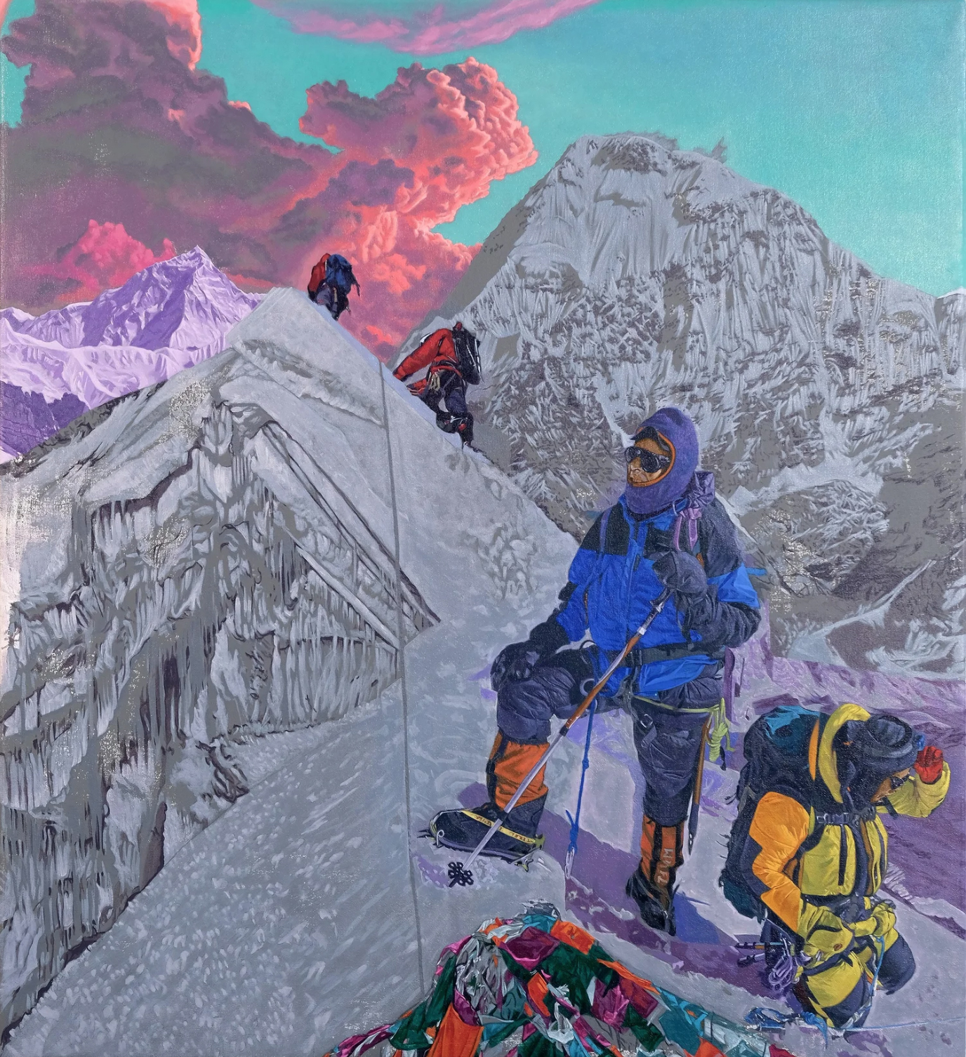 Painting depicting people scaling a mountain peak