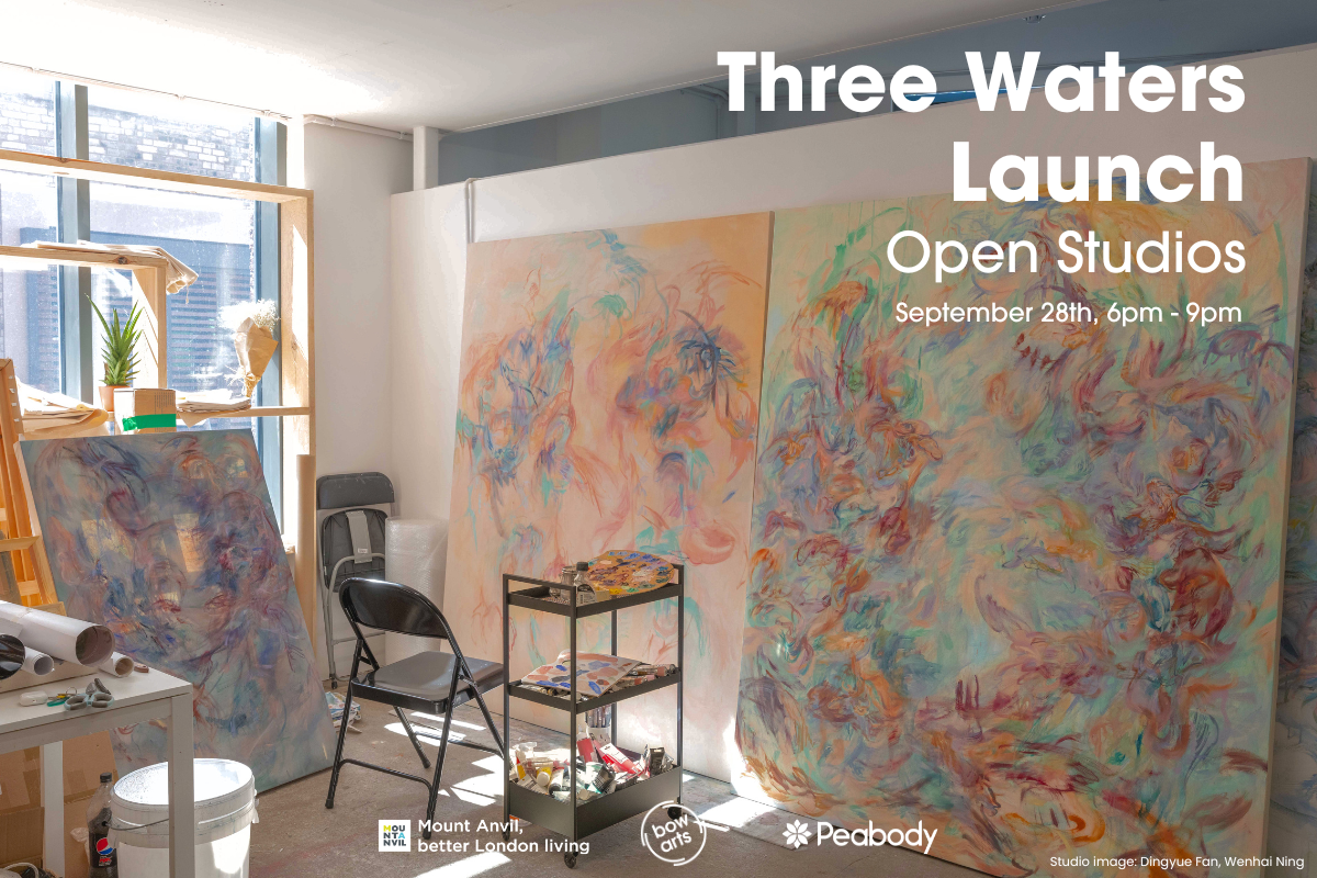 a photo of a sunlit studio with the text, Three Waters Launch Open Studios 16 September