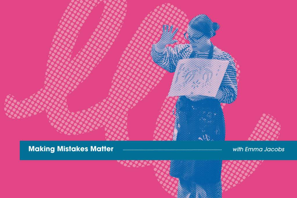 Pixilated dark blue image of Emma Jacobs delivering an art workshop against a bright pink background with swirly graphical patterns.